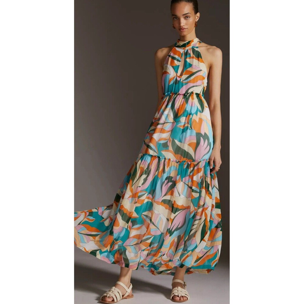 Maeve Anthropologie Dress S Keyhole Halter Colorful Maxi Beachy Coastal Boho